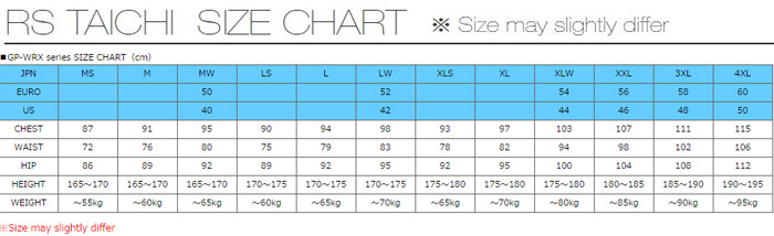RS Taichi GP-X R304 Race Suit Size Chart