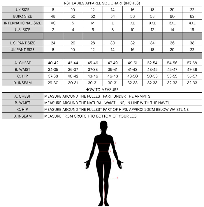 RST Ladies Gear Size Chart