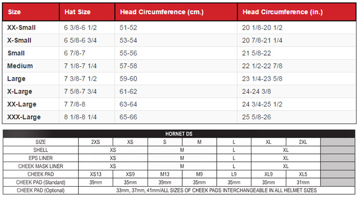 Shoei Hornet DS Helmet Size Chart