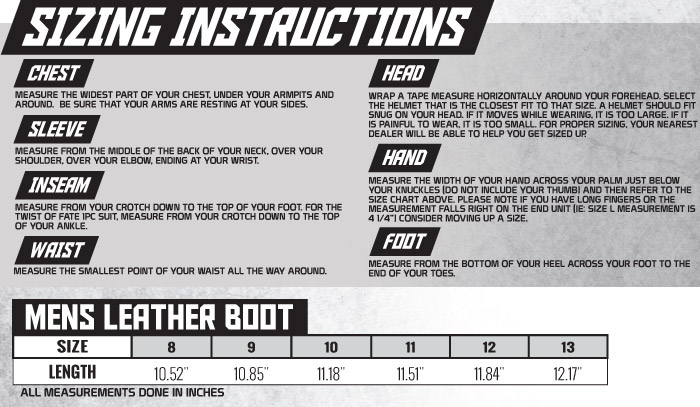 Speed and Strength Men's Boots Size Chart