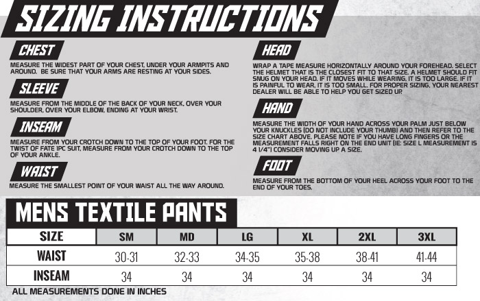 Speed and Strength Men's Textile Pants Size Chart