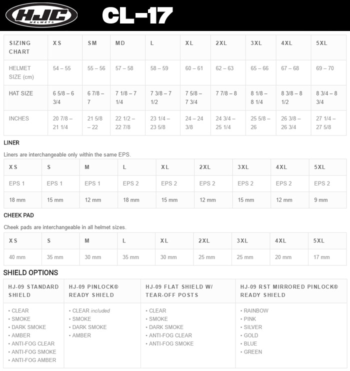 HJC CL17 Helmet Size Chart