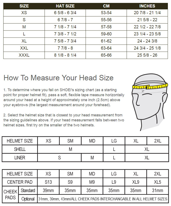 Arai Helmet Sizing Chart
