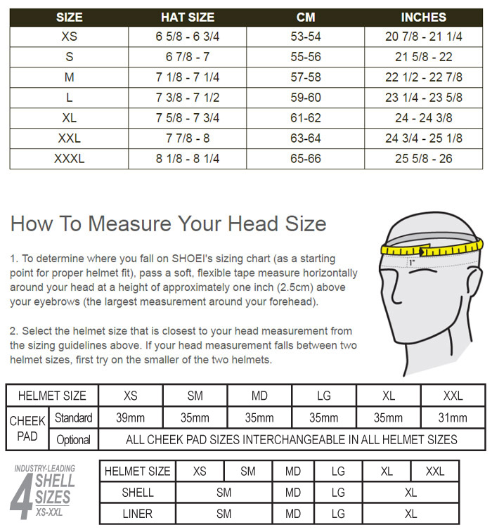 Shoei Motorcycle Helmet Sizing Chart | Reviewmotors.co