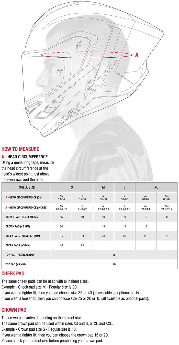 Alpinestars Supertech R10 Helmet Size Chart